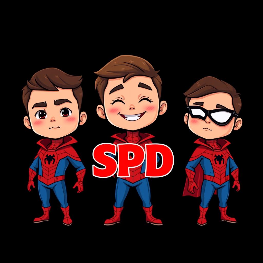 Three cartoon-style superhero characters inspired by Spider-Man, each presented in their own vertical panel