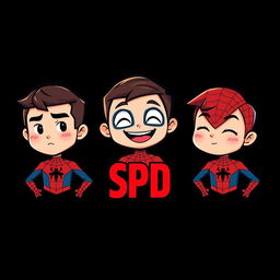 Three cartoon-style superhero characters inspired by Spider-Man, each presented in their own vertical panel