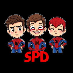 Three cartoon-style superhero characters inspired by Spider-Man, each presented in their own vertical panel