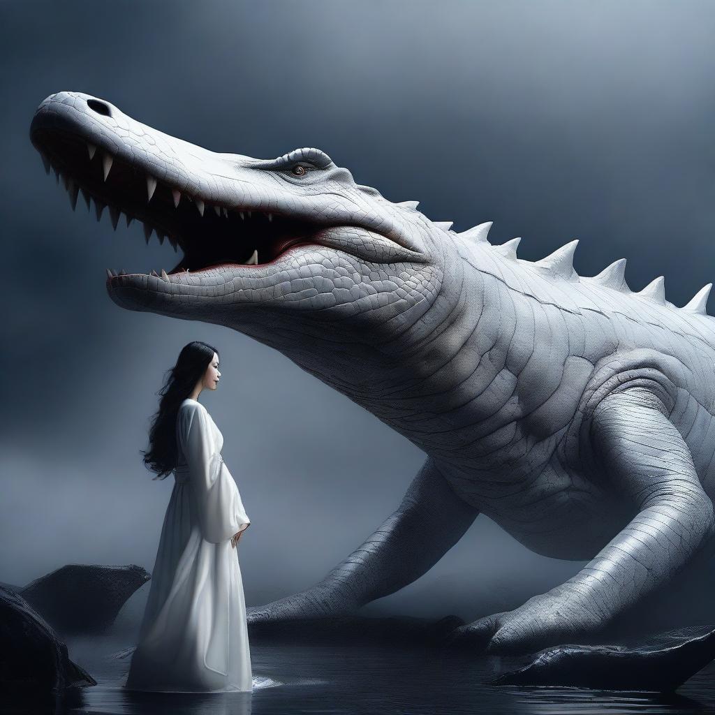 A hyper-realistic image vividly portrays an incredibly beautiful Korean woman with long hair standing in front of a rampaging giant white crocodile, all set in a foggy, dark environment