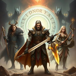 In the centre, Eryndor stands with unwavering determination, adorned in intricate rune-etched armor, wielding a legendary sword that gleams with ancient power
