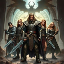 In the centre, Eryndor stands with unwavering determination, adorned in intricate rune-etched armor, wielding a legendary sword that gleams with ancient power
