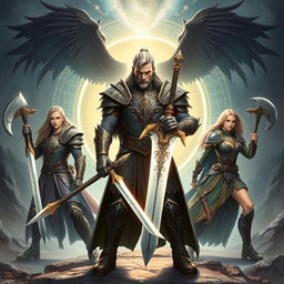 In the centre, Eryndor stands with unwavering determination, adorned in intricate rune-etched armor, wielding a legendary sword that gleams with ancient power