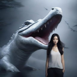 A hyper-realistic image vividly portrays an incredibly beautiful Korean woman with long hair standing in front of a rampaging giant white crocodile, all set in a foggy, dark environment