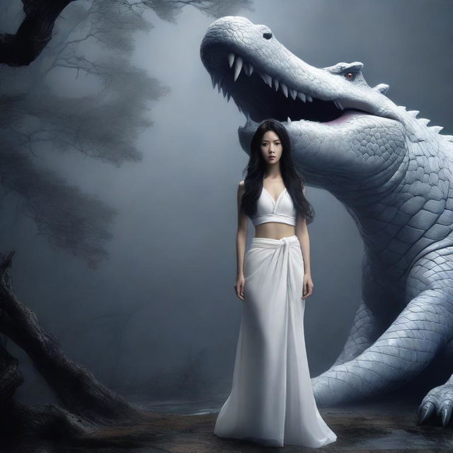 A hyper-realistic image vividly portrays an incredibly beautiful Korean woman with long hair standing in front of a rampaging giant white crocodile, all set in a foggy, dark environment