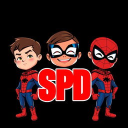 Three cartoon-style superhero characters inspired by Spider-Man, each presented in their own vertical panel