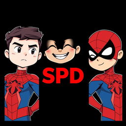 Three cartoon-style superhero characters inspired by Spider-Man, each presented in their own vertical panel