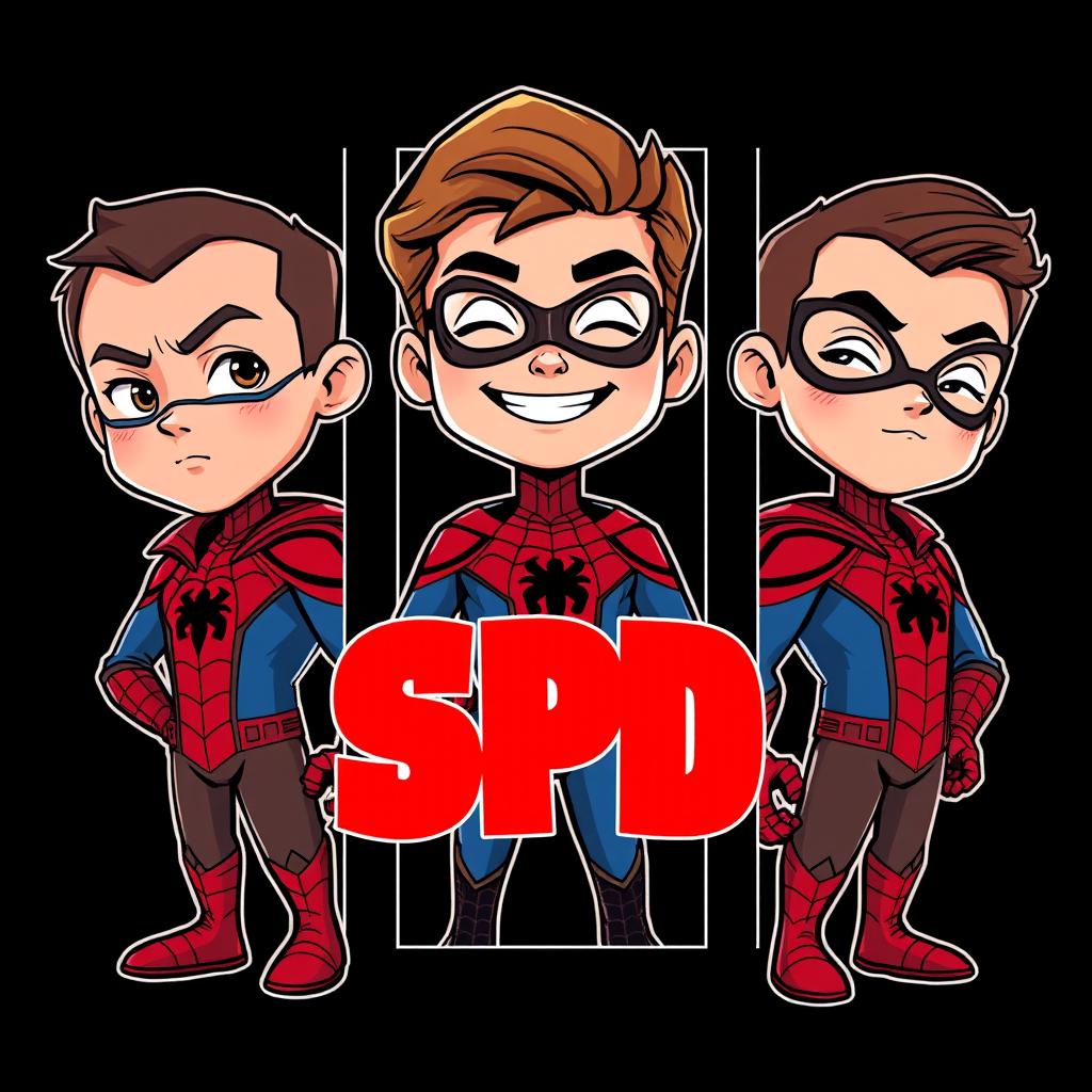 Three cartoon-style superhero characters inspired by Spider-Man, each presented in their own vertical panel