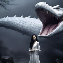 A hyper-realistic image vividly portrays an incredibly beautiful Korean woman with long hair standing in front of a rampaging giant white crocodile, all set in a foggy, dark environment