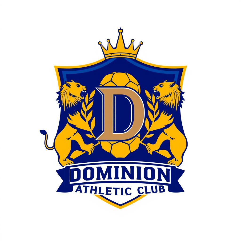 A vibrant and dynamic crest design for a fictional soccer team named "Dominion Athletic Club"