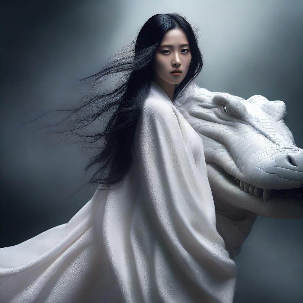 A hyper-realistic image of an incredibly beautiful Korean woman, draped in a white shawl, with long hair flowing down her back, standing fearlessly behind a giant white crocodile