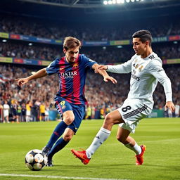 A dynamic soccer scene featuring two iconic players, Messi and Ronaldo, performing an intense duel on the field