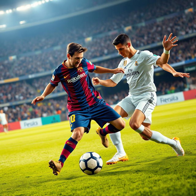 A dynamic soccer scene featuring two iconic players, Messi and Ronaldo, performing an intense duel on the field