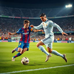 A dynamic soccer scene featuring two iconic players, Messi and Ronaldo, performing an intense duel on the field