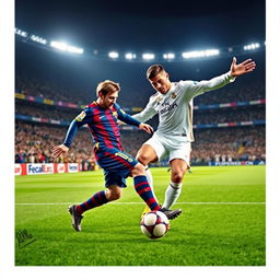 A dynamic soccer scene featuring two iconic players, Messi and Ronaldo, performing an intense duel on the field