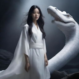 A hyper-realistic image of an incredibly beautiful Korean woman, draped in a white shawl, with long hair flowing down her back, standing fearlessly behind a giant white crocodile