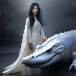 A hyper-realistic image of an incredibly beautiful Korean woman, draped in a white shawl, with long hair flowing down her back, standing fearlessly behind a giant white crocodile