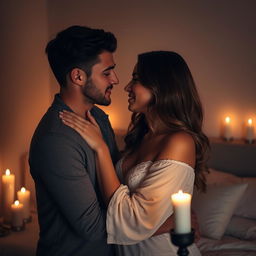 A romantic and intimate scene between a couple in a cozy, dimly lit room, surrounded by soft candlelight, showcasing their loving connection