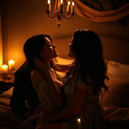 A romantic and intimate scene between a couple in a cozy, dimly lit room, surrounded by soft candlelight, showcasing their loving connection