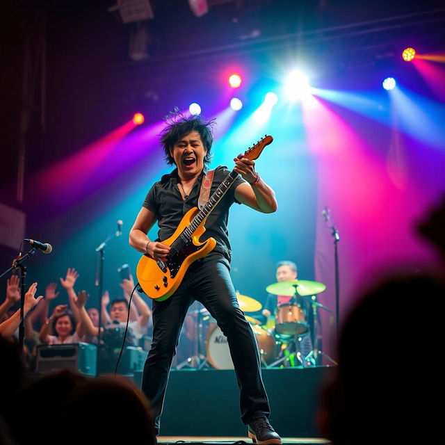 A dynamic performance scene featuring Rico Blanco, the charismatic frontman of Rivermaya, energetically playing his electric guitar on stage during a live concert