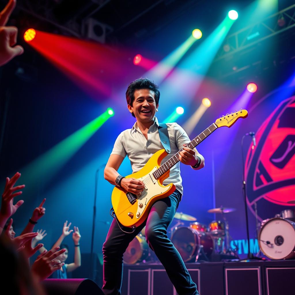 A dynamic performance scene featuring Rico Blanco, the charismatic frontman of Rivermaya, energetically playing his electric guitar on stage during a live concert