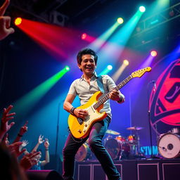 A dynamic performance scene featuring Rico Blanco, the charismatic frontman of Rivermaya, energetically playing his electric guitar on stage during a live concert