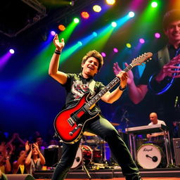 A dynamic performance scene featuring Rico Blanco, the charismatic frontman of Rivermaya, energetically playing his electric guitar on stage during a live concert