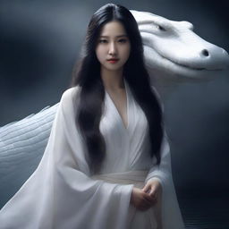 A hyper-realistic image of an incredibly beautiful Korean woman, draped in a white shawl, with long hair flowing down her back, standing fearlessly behind a giant white crocodile