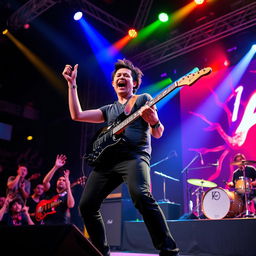 A dynamic performance scene featuring Rico Blanco, the charismatic frontman of Rivermaya, energetically playing his electric guitar on stage during a live concert