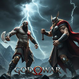 A dramatic scene featuring Kratos and Thor from God of War, engaged in an epic battle