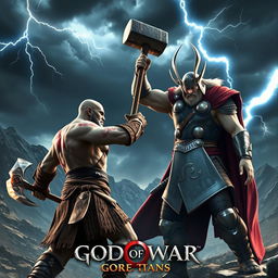 A dramatic scene featuring Kratos and Thor from God of War, engaged in an epic battle
