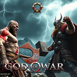 A dramatic scene featuring Kratos and Thor from God of War, engaged in an epic battle