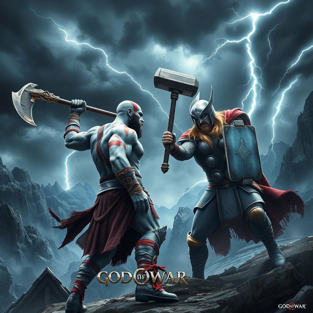 A dramatic scene featuring Kratos and Thor from God of War, engaged in an epic battle