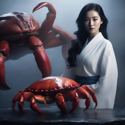 A hyper-realistic image showcases an extremely beautiful Korean woman standing behind a gigantic crab