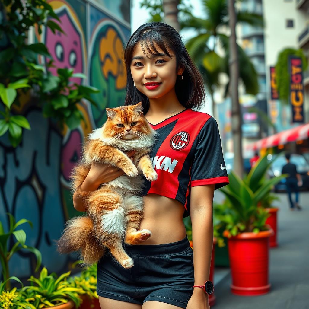 A trendy Asian girl with mixed Indonesian and Japanese descent, wearing a fashionable mini short skirt and an AC Milan crop top jersey, showcasing her stylish belly button piercing