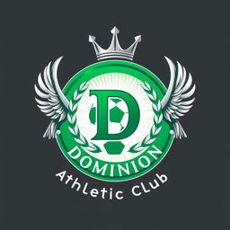 A vibrant and dynamic circular crest design for a fictional soccer team named "Dominion Athletic Club"