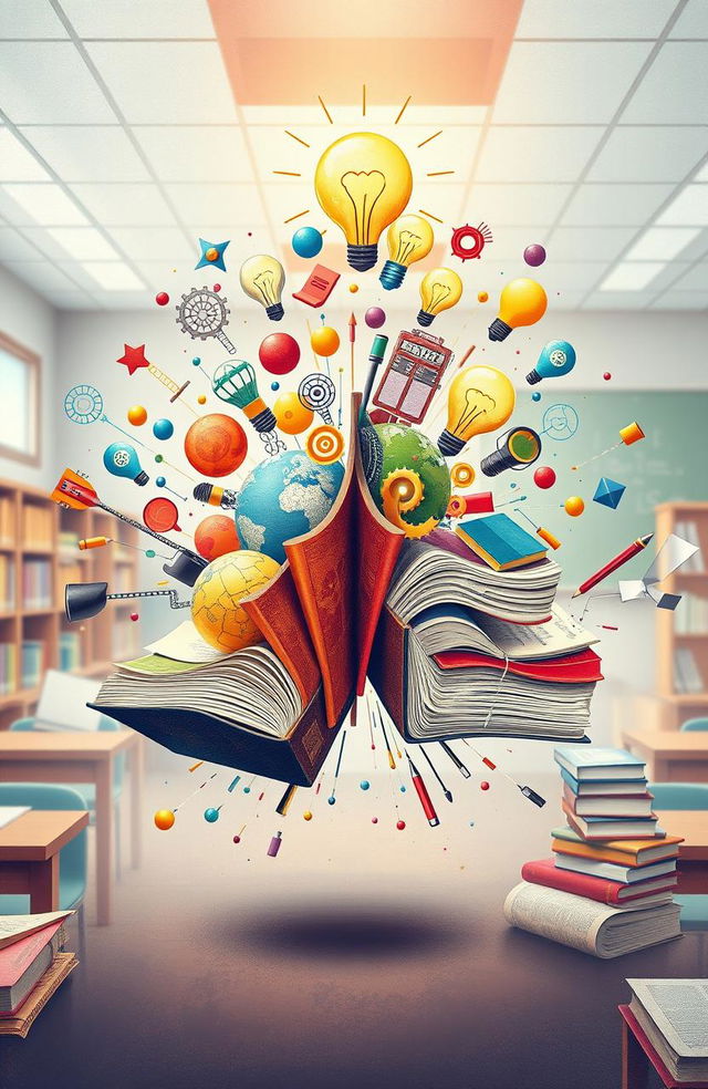 A conceptual illustration depicting 'colliding curricula', showing two diverse educational paths represented by vibrant books bursting apart, filled with colorful ideas, symbols like gears and light bulbs to symbolize innovation and learning, intertwined with a background of a classroom setting