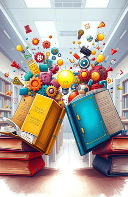 A conceptual illustration depicting 'colliding curricula', showing two diverse educational paths represented by vibrant books bursting apart, filled with colorful ideas, symbols like gears and light bulbs to symbolize innovation and learning, intertwined with a background of a classroom setting