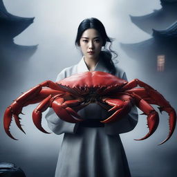 A hyper-realistic image showcases an extremely beautiful Korean woman standing behind a gigantic crab