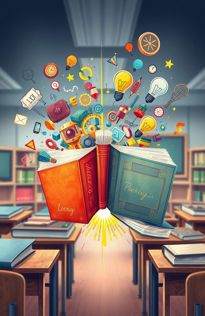 A conceptual illustration depicting 'colliding curricula', showing two diverse educational paths represented by vibrant books bursting apart, filled with colorful ideas, symbols like gears and light bulbs to symbolize innovation and learning, intertwined with a background of a classroom setting