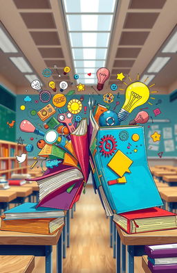 A conceptual illustration depicting 'colliding curricula', showing two diverse educational paths represented by vibrant books bursting apart, filled with colorful ideas, symbols like gears and light bulbs to symbolize innovation and learning, intertwined with a background of a classroom setting