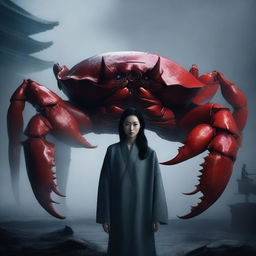 A hyper-realistic image showcases an extremely beautiful Korean woman standing behind a gigantic crab