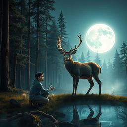 A mystical scene under the bright full moon in an ancient forest