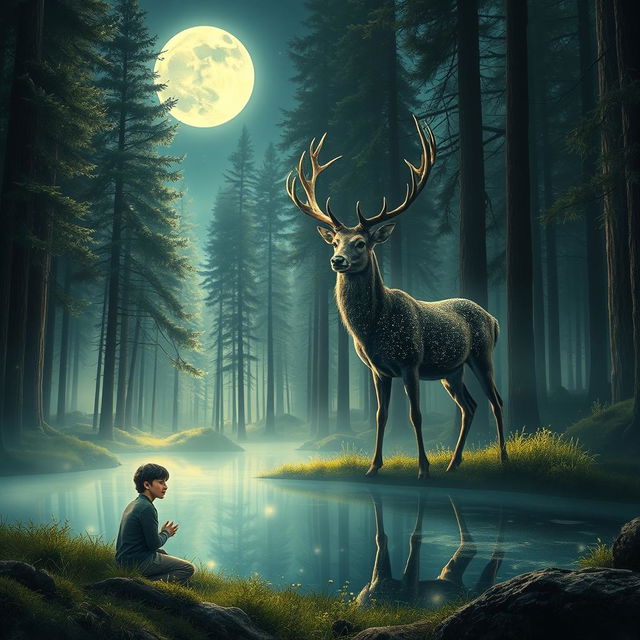 A mystical scene under the bright full moon in an ancient forest