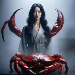 A hyper-realistic image showcases an extremely beautiful Korean woman standing behind a gigantic crab