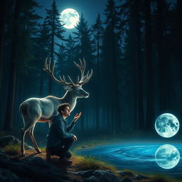A mystical scene under the bright full moon in an ancient forest