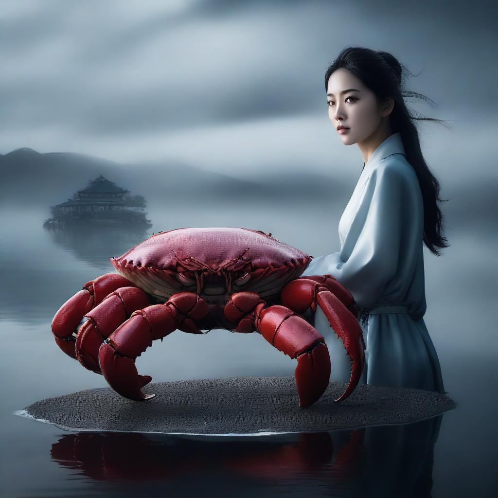 A hyper-realistic image depicts an exceptionally beautiful Korean woman standing behind a colossal crab, set against the backdrop of a lake shrouded in darkness and mist