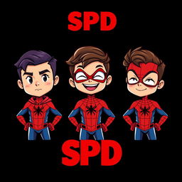 Three cartoon-style superhero characters inspired by Spider-Man, each presented in their own vertical panel