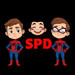 Three cartoon-style superhero characters inspired by Spider-Man, each presented in their own vertical panel