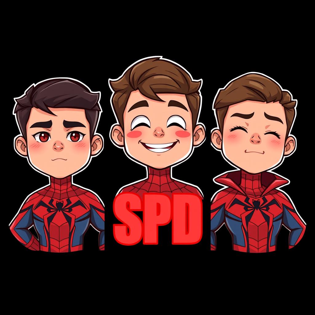 Three cartoon-style superhero characters inspired by Spider-Man, each presented in their own vertical panel